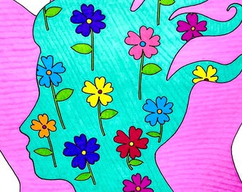 Woman in a Garden | Original Pen & Ink Drawing | Colourful Floral Figure | Surreal Botanical Art | Contemporary Irish Art