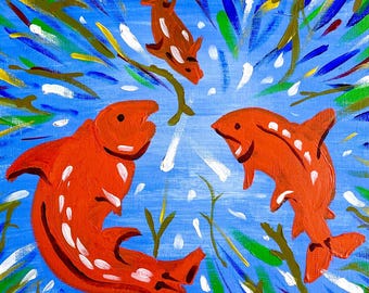 Three Salmon of Wisdom | Original Acrylic paint painting  | Irish Mythology Art | Celtic Symbolism | One-of-a-Kind Original