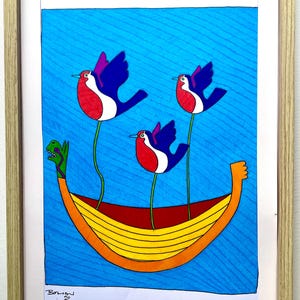 May include: A framed art print featuring a whimsical illustration. Three birds with red bodies, white bellies, and blue wings are depicted in a boat with a green dragon head. The boat is yellow, orange, and red against a blue background.