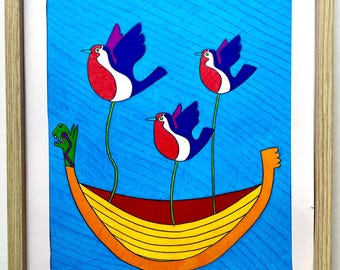 Three Robins on a Voyage (2020) | Original pen & ink on paper drawing by Robert Bohan