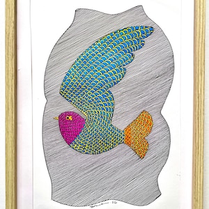 May include: Framed artwork featuring a colorful bird illustration. The bird has blue wings with yellow accents, a pink head, and an orange tail. The artwork is set against a gray, textured background and framed in a light wood frame.