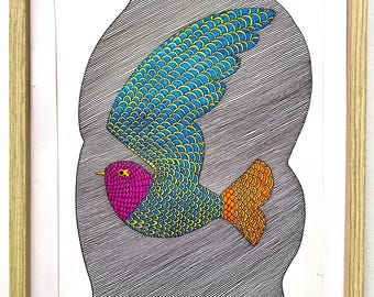 A Rainbow Dove (2026) | Original pen & ink on paper drawing by Robert Bohan artist