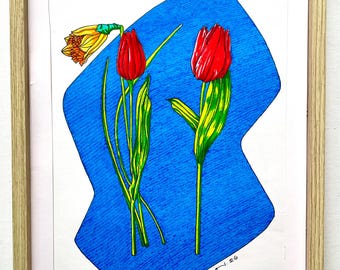 Two Tulips and a Daffodil Still Life Drawing | Original Pen & Ink by Robert Bohan