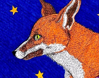 Fox Among Wildflowers and Stars | Curious Fox Original one of a kind Pen & Ink Drawing by Robert Bohan