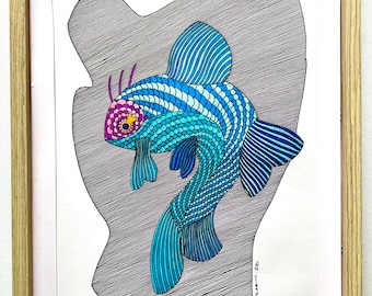 Happy Fish Original Pen & Ink Drawing | Vibrant Art by Robert Bohan