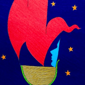 May include: A colorful illustration of a boat with a red sail against a dark blue background. The boat's hull is yellow with black stripes, and a blue profile of a person is visible. Several yellow stars are scattered around the boat.