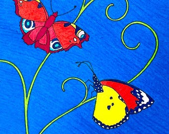 Between Day and Night | Original Butterfly and Moth Pen and Ink Drawing | Colourful Nature Wall Art | One of a Kind Artwork Robert Bohan