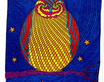 Curious Little Owl | Original Pen & Ink Drawing | Colourful Owl Artwork by Robert Bohan