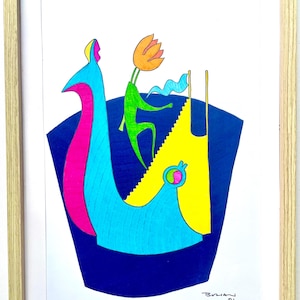 May include: Abstract art print in a wooden frame. The artwork features a whimsical design with a blue, yellow, green, pink, and orange color palette. The image includes a figure with a flower head, a staircase, and a bird-like shape. Signed "Brian '21".