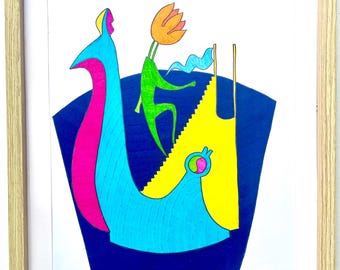 Man Walking the Stairs (2021) | Original one-off pen & ink on paper drawing by Robert Bohan