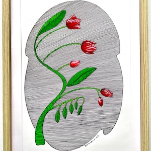 May include: A framed botanical illustration featuring red tulip-like flowers and green leaves on a green stem. The artwork is set against a gray, textured background within a white border and a light wood frame. The artist's signature is visible.