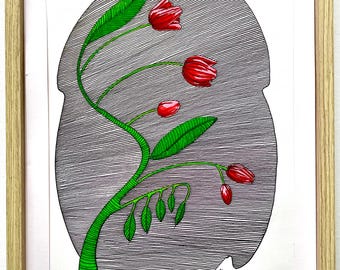 Red Tulip Flowers (2026) | Original pen & ink on paper drawing by Robert Bohan