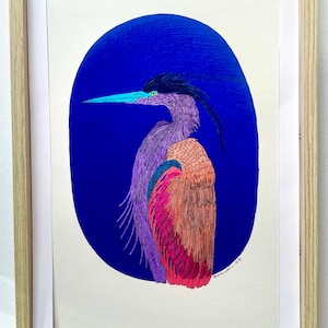 Colorful Heron Pen Ink Drawing | Original Bird Art by Robert Bohan