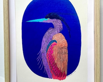 Colorful Heron Pen Ink Drawing | Original Bird Art by Robert Bohan
