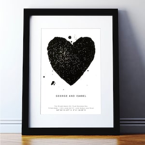 Impresión de corazón de mapa de estrellas metálicas personalizadas - Regalo de boda - Impresión de lámina de cielo nocturno