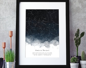 Impresión personalizada de acuarela con mapa estelar y horizonte - Impresión de cielo nocturno - Regalo de aniversario - Regalo de boda