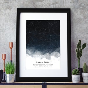 Impression aquarelle personnalisée horizon carte des étoiles - impression ciel nocturne - cadeau d'anniversaire - cadeau de mariage