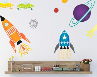 Calcomanías de pared de naves espaciales: decoración espacial colorida para niños