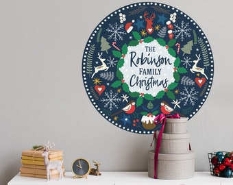 Fabric Personalised Christmas Wreath Wall Sticker - Repositionable - Christmas Decoration - Peel and Stick