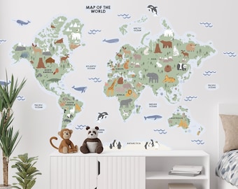 Etiqueta engomada de la pared del mapa del mundo de tela grande - Mapa del mundo animal - Calcomanía de la guardería - Reposicionable - Pelar y pegar