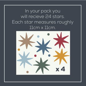 May include: A set of 24 star-shaped decals in various colors, including brown, blue, red, and yellow. Each star measures approximately 4.3 inches by 4.3 inches. The text on the image states the quantity and size of the stars.