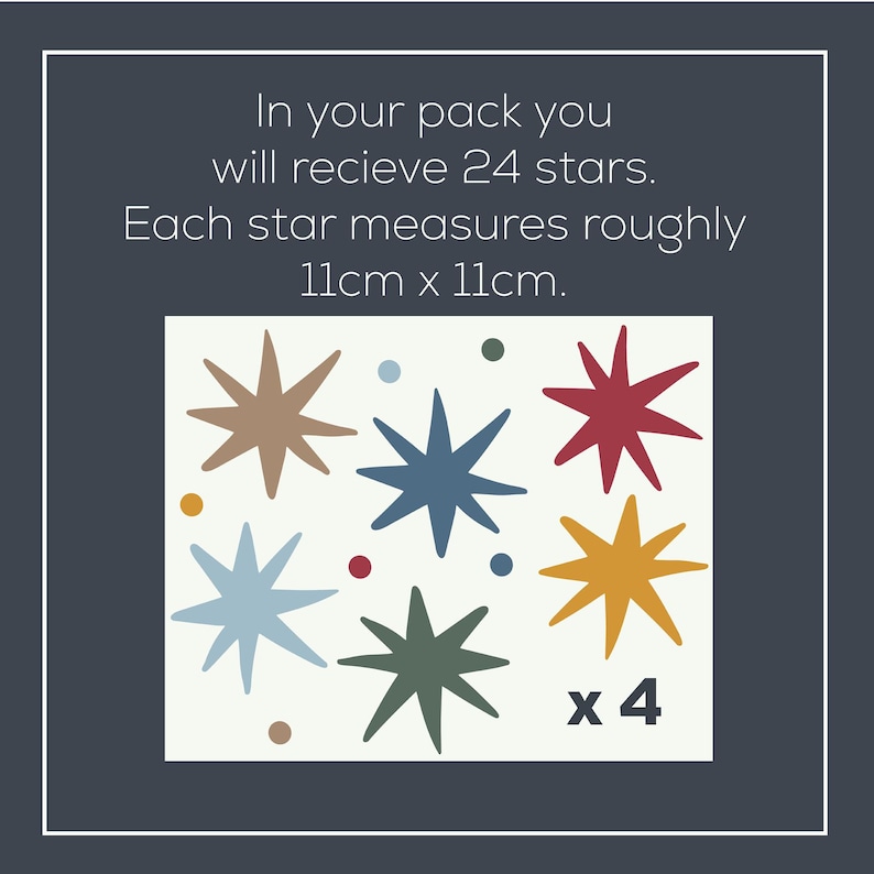 May include: A set of 24 star-shaped decals in various colors, including brown, blue, red, and yellow. Each star measures approximately 4.3 inches by 4.3 inches. The text on the image states the quantity and size of the stars.