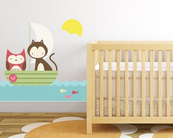 Owl and Pussycat Fabric Wall Sticker: Repositionable Wall Decal