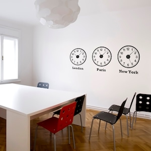 Puede incluir: Tres esferas de reloj en blanco y negro en una pared blanca con las palabras "Londres", "París" y "Nueva York" debajo de cada reloj.