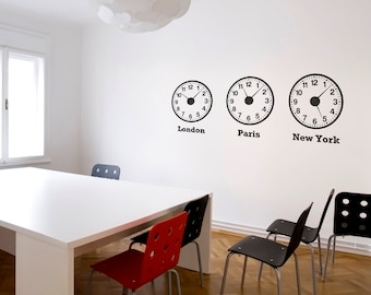 Time Zone Clocks Wall Sticker Set (mechanisms included) - Clock Decal - Office Clocks
