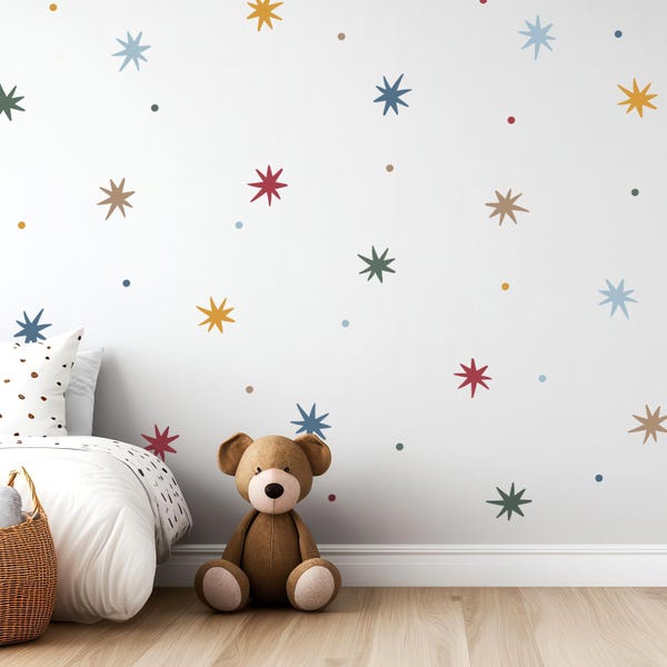 Whimsical Stars And Dots Fabric Wall Stickers: Peel and Stick Kids Nursery Decor, Removable & Repositionable