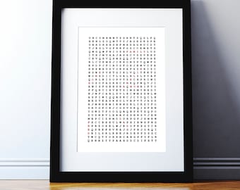 May include: Black and white framed print with a word search puzzle. The words "FAMILY", "DAD", "MOM", "SON", "SISTER", "BROTHER", "MUM", "FRIENDS", "LOVE", and "ELISE" are highlighted in red.