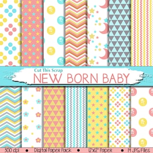 Baby shower Digital Paper: Cute Baby Paper with stars, buttons, dots, stripes, chevrons, triangles, flowers in baby unisex colors