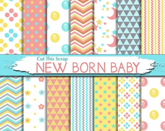 Baby shower Digital Paper: Cute Baby Paper with stars, buttons, dots, stripes, chevrons, triangles, flowers in baby unisex colors