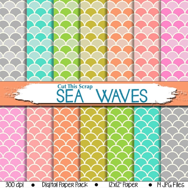 Sea Waves Digital Paper: SEA WAVES digital paper pack with colorful sea wave pattern bright sea waves in multicolor background