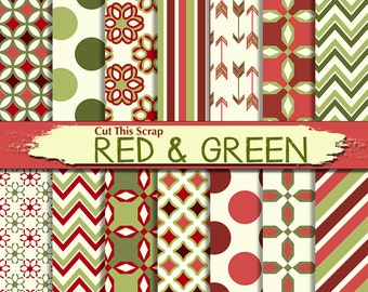 Red & Green Digital Paper: red patterns green backgrounds with polka dots, chevrons, arrows, stripes, lines and floral designs