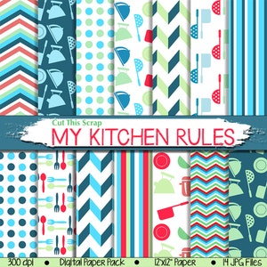Kitchen Digital Paper: Kitchen Rules Paper with pots, pans, spoons, forks, dishes, polkadots, chevrons in blue, red, green background