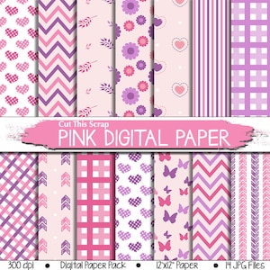 Pacote de papel digital rosa É uma menina chá de bebê coração rosa amor de menina padrões chevrons borboletas xadrez | é uma menina fundo