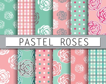 Pastel rose digital paper:  pink roses, green roses, rose paper background with gingham and polka dots in vintage color background