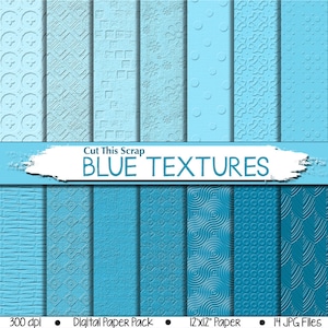 Blue Textured Digital Paper: Blue Scrapbook Paper with grunge effect weave floral pattern in shades of blue textured patterns