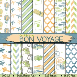 Carta digitale Bon Voyage: carta BON VOYAGE con mongolfiere, treno, autobus, elicottero, passaporto, biglietti, macchina fotografica con effetto grunge