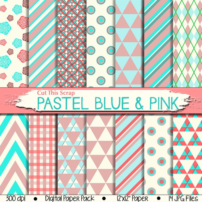 Pastel Blue and Pink Digital Paper: Pastel Colored Paper With Chevrons ...