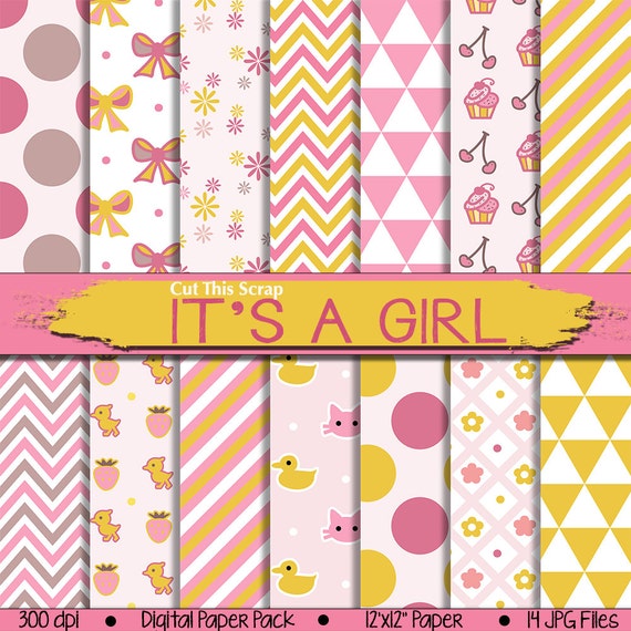 Pink and Yellow Digital Paper, Scrapbooking Paper, Pink and Yellow  Patterned Paper, Digital Scrapbook Paper, Baby Girl Background 