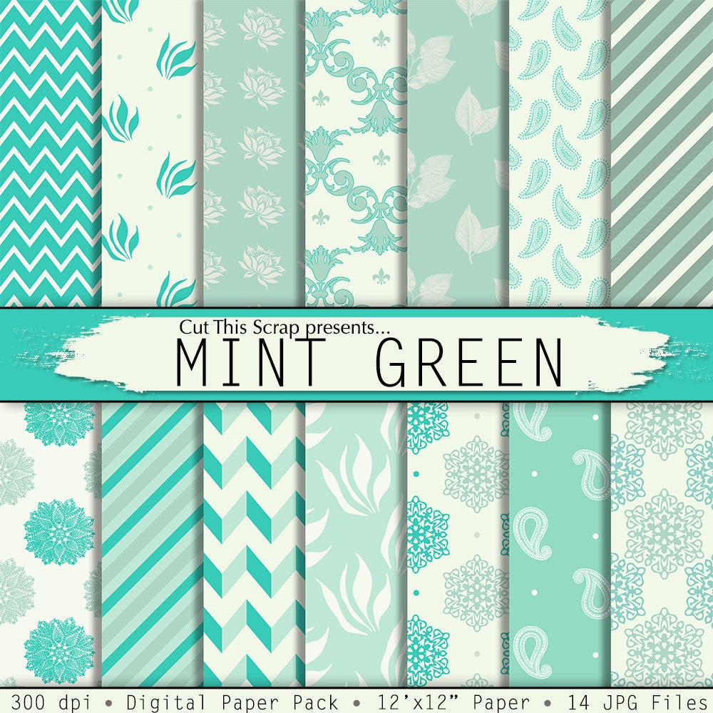Mint Green Digital Paper Mint Green Paper Pack With Damask, Paisleys