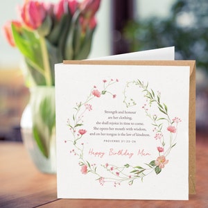 Tarjeta cristiana feliz cumpleaños mamá - Proverbios 31:25 - 2 opciones de color disponibles