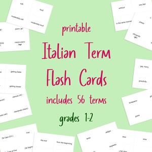 Tarjetas flash de términos italianos para profesores de música y estudiantes Grados 1-2 Descarga instantánea