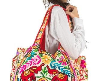 Handmade Market School Boho Hippie Embroidered Elephant Tapestry Tote Bag, Cotton Shoulder Purse White Colorful Beach