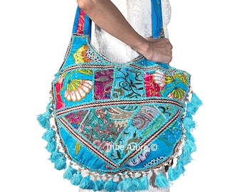 Blue Women Colorful Tote Shoulder Bag, Boho Bag, Hippie Bag, Festival Bag, Floral Bag, Fringe Embroidered Tassel