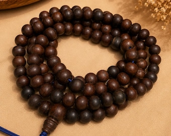 Dark Bodhi Seed Mala Necklace | Naturally Aged 108 Prayer Beads | 11–12mm Buddhist Meditation Mala | Wooden Mala | Yoga & Spiritual Necklace