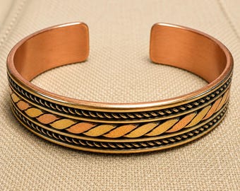 Tri-Metal Bracelet Handmade in Nepal, Copper Brass Healing Cuff, Adjustable Meditation Bracelet, Unisex Yoga Gift for Men Women Adjustable