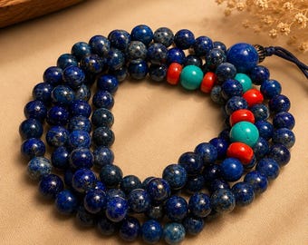 8mm Lapis Lazuli Mala Necklace | 108 Prayer Beads | Handmade Buddhist Meditation Mala | Turquoise & Coral Spacers | Yoga Necklace Boho